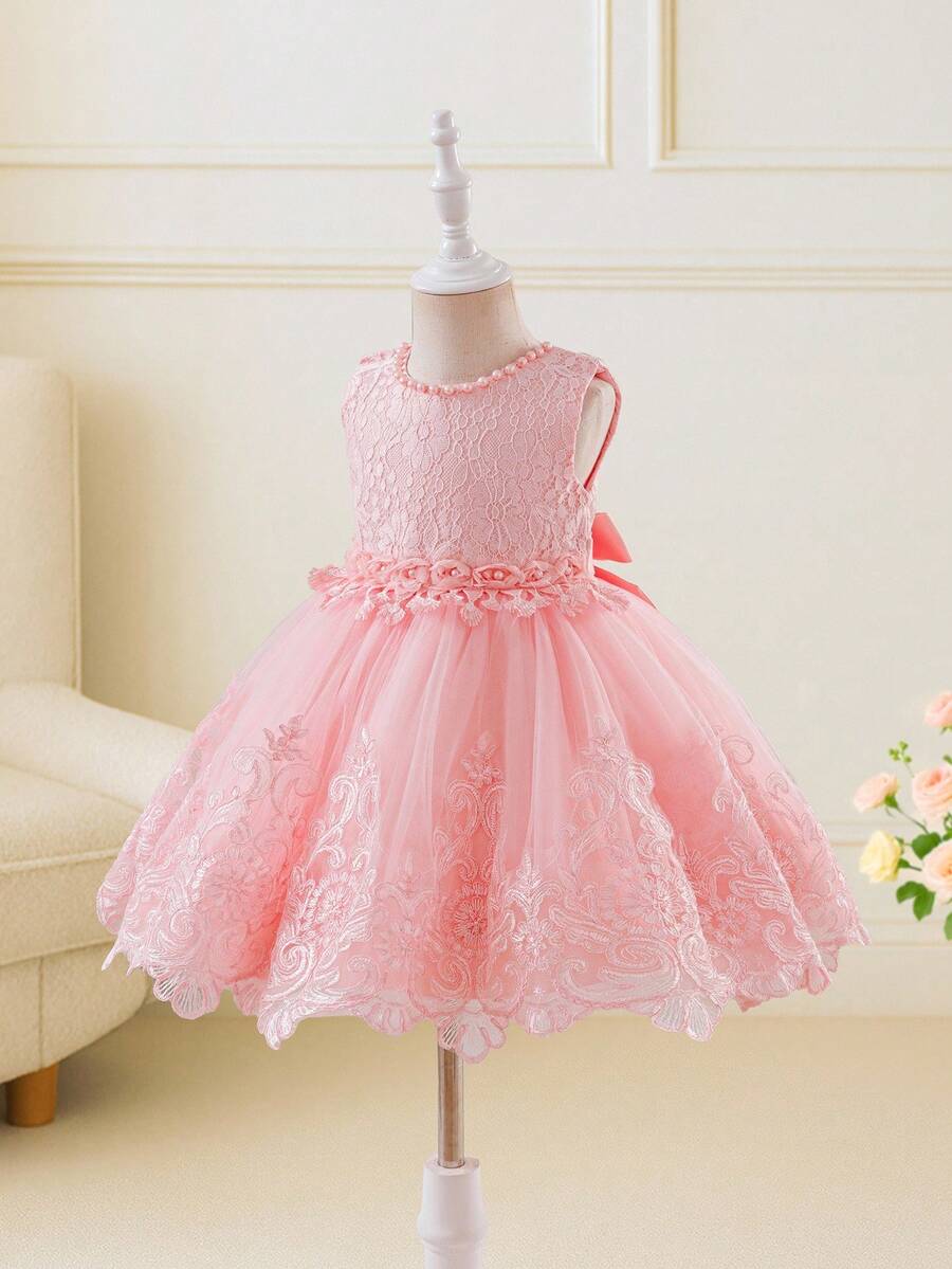 Glamorique Kids Váy cưới thanh lịch cho bé gái, váy công chúa bồng bềnh ren không tay, phù dâu, màu hồng - Hồng - Xem 1