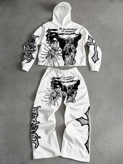 PAVTROS Manfinity Streetrush 男士天使心图案印花短款连帽衫和裤子套装，秋季服装