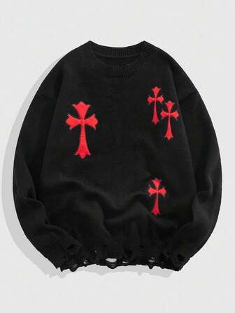 Goth Suéter casual de hombre con bordado de cruz y efecto desgastado, para otoño/invierno