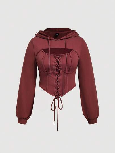 SHEIN MOD Plus Size Solid Color Hollow Criss-Cross Hooded Sweatshirt In Fall/Winter
