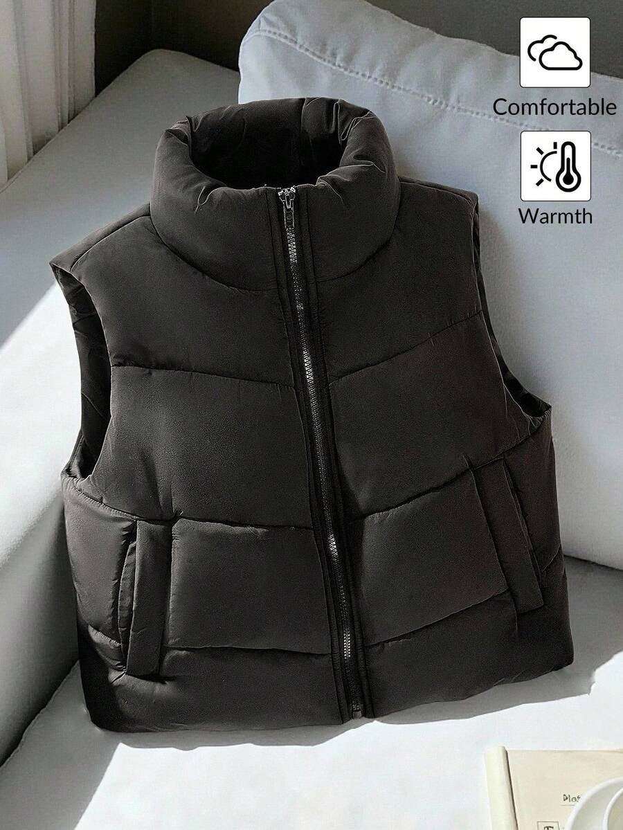 SHEIN 青少年女孩立领拉链双面灯芯绒抽绳背心，秋冬外套 - 黑色 - 查看 1
