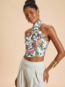 Travachic 热带印花露背短款上衣，休闲度假装，休闲女装风格，秋季女装，时尚秋季装，外出装，优雅，乡村风格女装，国庆节，新年，奢华优雅毕业季 - 彩色 - 查看 5