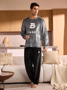 Manfinity Underwear&Sleepwear Basics Men's Minimalist Letter Embroidery Crew Neck Long Sleeve Top And Pants Fluffy Pajama Set, Fall Winter Clothes, Cozy - Grey - View 3