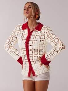 SHEIN Forever 21 休闲夏季茶会海滩度假秋冬季撞色滚边毛衣 - 紅色 - 查看 3