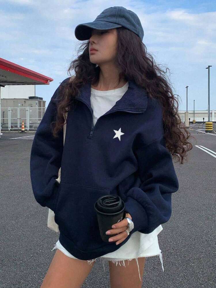 Casual Vintage Star Colorblock Patchwork Sporty Collar Fleece Loose Sweatshirt For Women, Spring Fall/Winter