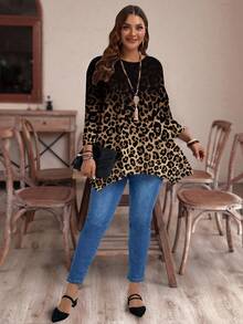 EMERY ROSE Plus Size Women Casual Asymmetrical Hem Round Neck Loose 3/4 Sleeve T-Shirt, Autumn/Winter Leopard Print Fall - Brown - View 4