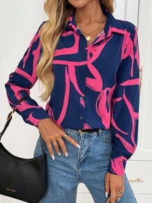 SHEIN LUNE Camisa de manga larga con botones y estampado geométrico casual para mujer, blusa de manga larga con estampado abstracto lindo para otoño/invierno, blusas de manga larga para mujer, blusas de manga larga estampadas, ropa de otoño para mujer, ropa de invierno para mujer, blusas de manga larga para salir - Multicolor - Ver 5