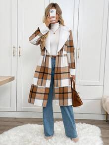 SHEIN LUNE Women's Casual Plaid Thermal Lined Pocket Lapel Coat Fall Winter Women's Winter Coat Casual Work Fall Winter - Multicolor - View 6