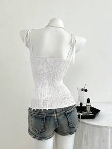 Elamini 春夏女士休闲格子系带腰带吊带背心 - 白色 - 查看 2