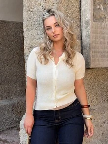 Jeta Ari Blusa de punto de mangas cortas con cuello, para verano - Blanco - Ver 4