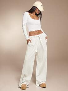 SHEIN Forever 21 白色基础款运动裤 女式运动套装 健身女式 机场女式阔腿运动裤 外出 - 淺灰色 - 查看 6