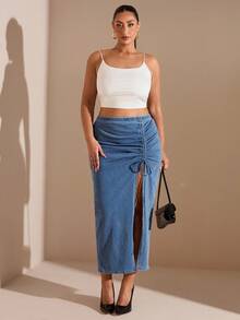 SHEIN BAE Spódnica mini z jeansu w dużym rozmiarze, swobodna, elastyczna, z rozcięciem z boku, plisowana, niebieska