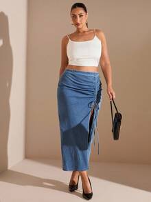 SHEIN BAE Spódnica mini z jeansu w dużym rozmiarze, swobodna, elastyczna, z rozcięciem z boku, plisowana, niebieska