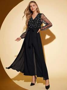 Amorya Bộ đồ liền thân tay phồng lưới cổ chữ V thanh lịch mới dành cho nữ, đa năng để mặc hàng ngày, tiệc trà chiều và nhiều dịp khác nhau - màu đen - Xem 5