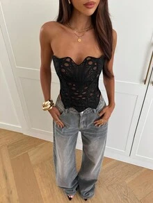 Aloruh 女士新款纯黑色露脐上衣，抹胸式胸衣，派对装，复古时尚Y2K蕾丝束身衣，无肩带束身衣，适合万圣节、秋冬派对，哥特风无肩带蕾丝上衣 - 黑色 - 查看 5