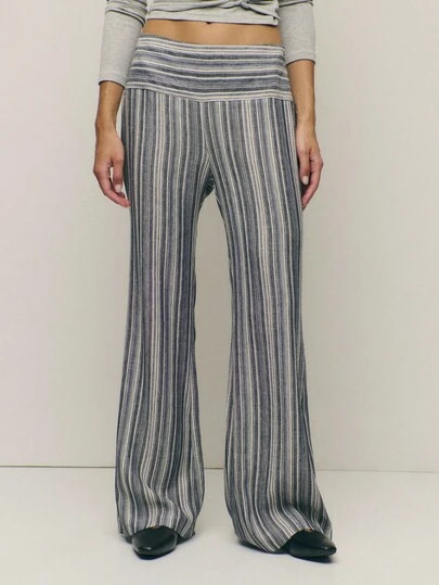 Nöista Striped High‑Waist Wide‑Leg Trousers,Relaxed Through The Hip And Thigh With A Dramatic Flared Leg Pants, Vertical Navy And Cream Stripes To Elongate The Silhouette, Lightweight Breathable Jersey With Soft Drape Ideal For Resort Or Casual Styling