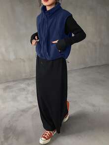 FRIFUL 女士休闲纯色无袖夹克，适合秋冬背心 - 藏蓝色 - 查看 2