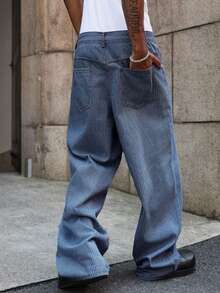 PAVTROS Quần jean ống rộng sọc giặt thường ngày cho nam - Rửa tối - Xem 2