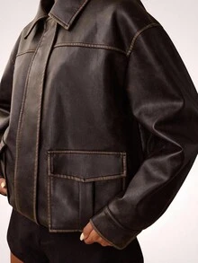 SHEIN BAE Fall Women's Solid Color Lapel Pocket Long SleeveLeather Jacket,Women's Leather Jacket,Washed Leather Jacket,Brown Faux Leather Mottled Texture Belted Hem Biker Jacket,,Brown Jacket - Coffee Brown - View 7