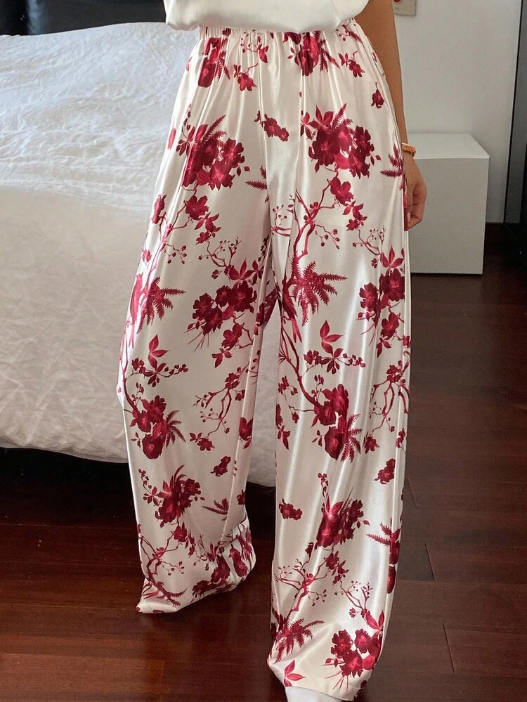Elegant Chinese Style Floral & Bird Print Satin Loose Women Pajama Bottoms, Fall