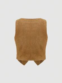 SHEIN MOD Damen Große Größen Einfarbige V-Ausschnitt Einreihige Lässig Weste Jacke, Herbst - Khaki - Übersicht 2