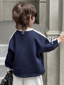 DAZY 儿童秋季服装，男童抓绒卫衣，休闲宽松字母印花街头风，秋季 - 藏蓝色 - 查看 4