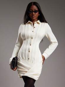 NYA SZN Đầm tay dài cài nút cổ bẻ ôm sát bodycon dự tiệc đêm câu lạc bộ hẹn hò dễ thương phong cách Y2K cổ điển công sở trở lại trường học mùa thu ngắn dành cho nữ - Màu be - Xem 4