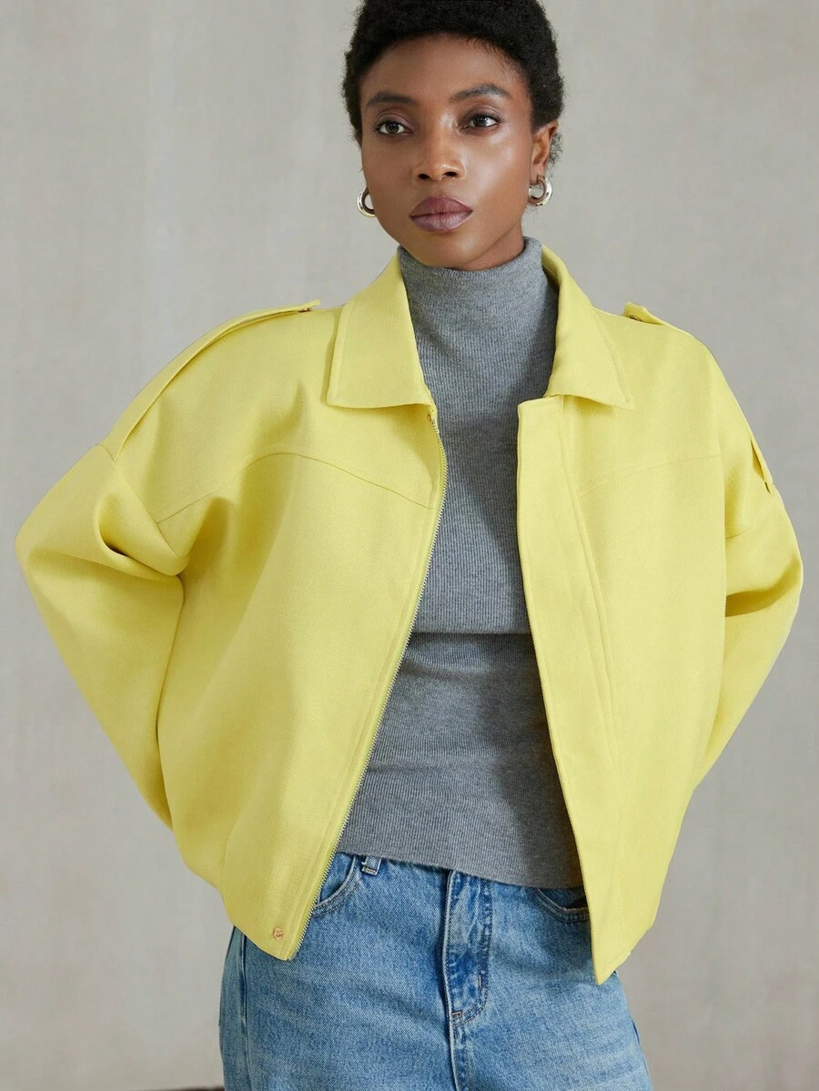 Aveloria Modichic 女式蝙蝠翼领纯色粗花呢通勤时尚飞行员夹克 - 黃色 - 查看 1