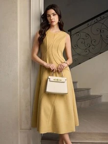 ZEYLAH Ärmellose Tweed-Maxikleid mit Rundhalsausschnitt für Damen - Gelb - Übersicht 4