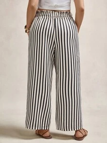 Zelara 大码女式彩虹条纹春夏休闲时尚宽松高腰荷叶边蕾丝腰带裤女式夏季服装女式夏季服装可爱夏季下装秋季女装返校节商务休闲女式基本款斯德哥尔摩风格教师服装 - 黑與白 - 查看 2