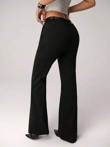 SHEIN ICON Women's Sexy Hot Girl Millennial Style Y2K Urban Modern Simple Commuting Office Siren Style Low Waist Belt Black Slim Flared Trousers - Black - View 2