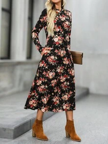EMERY ROSE All-Over Print Casual Long Sleeve Waist Cinched Women Long Dress - Multicolor - View 4