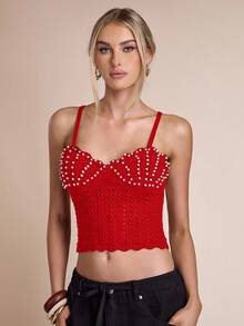 SHEIN BAE Canotta corta aderente in maglia con perle finte, adatta per l'autunno/inverno - Rosso - Visualizzare 3