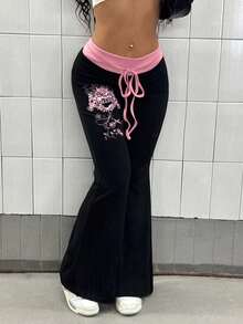 SHEIN PETITE 女式朋克风格撞色腰带印花喇叭裤 - 黑色 - 查看 3