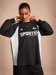 Streetz SHEIN Sport Camiseta deportiva casual holgada de mujer con cuello redondo y mangas raglán de bloques de color - Blanco y Negro - Ver 1