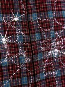 NEON BLANC Men's Street Fashion Woven Rhinestone Spider Web Plaid Short Sleeve Shirt, Halloween - Red - View 5