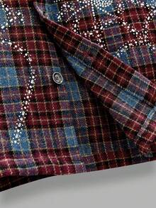 NEON BLANC Men's Street Fashion Woven Rhinestone Spider Web Plaid Short Sleeve Shirt, Halloween - Red - View 6