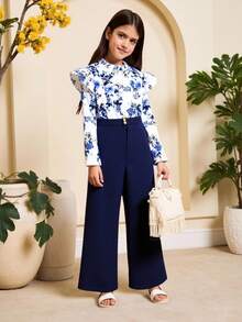 Sparklyn Tween Girl 2pcs/Set Elegant Set, Digital Printed Shirt And Long Pants, Jacquard Fabric, Autumn - Royal Blue - View 4