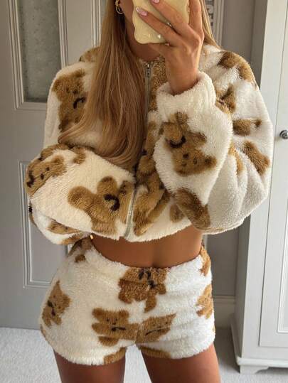 CovetEZ Women's Autumn And Winter Clothing Plush Shorts Cute Home Bear Brown White Warm Casual Print Mini Cheetah Pants