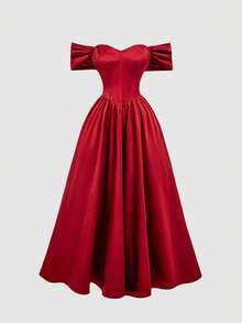 SHEIN MOD 露肩系带腰部中长连衣裙，酒红色 - 紅色 - 查看 3