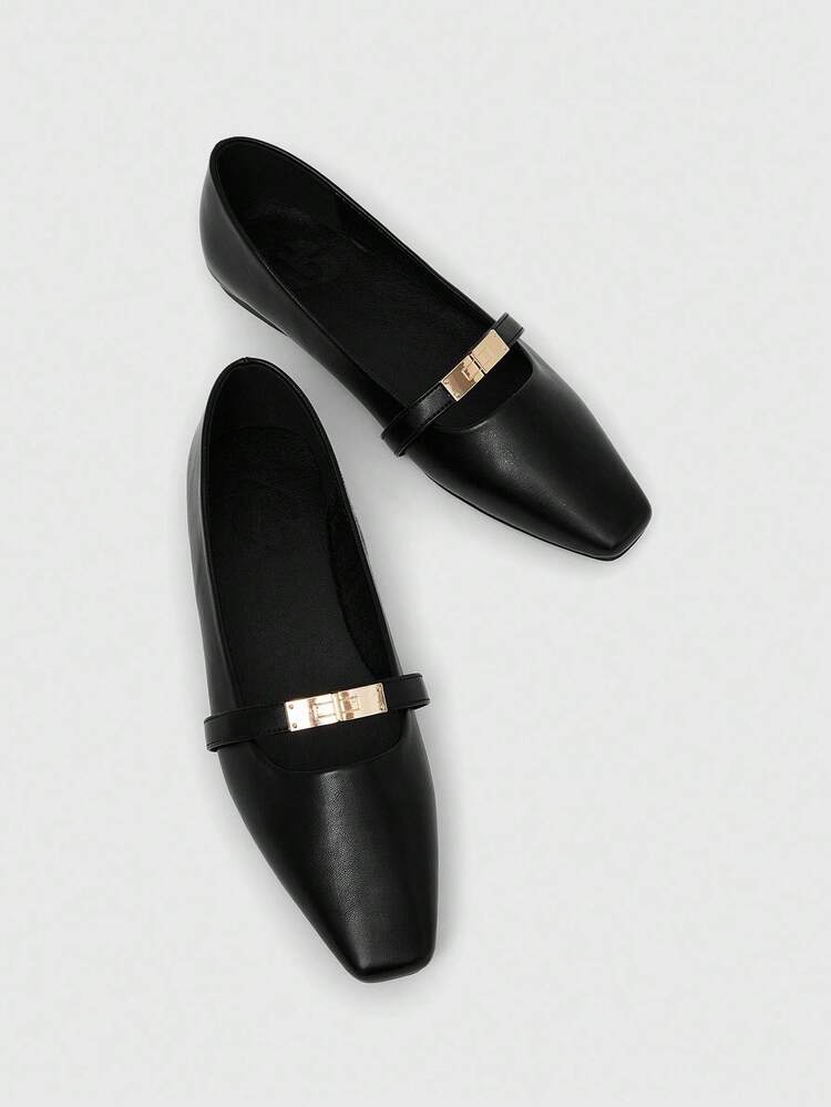 CUCCOO BIZCHIC Women's Square Toe Flat Black Metal Buckle Mary Jane Flats, Lightweight Comfortable Slip-On Suitable For Dresses For Christmas Spring Shoes