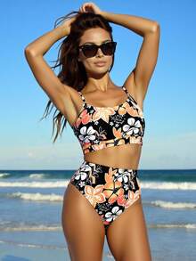 Summer Beach Random Floral Print High Waist Bikini - Multicolor - View 3