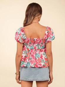 SHEIN VCAY Koszula damska z krótkim rękawem i dekoltem w serduszko, z nadrukiem kwiatowym, z nadrukiem bąbelkowym, na lato, dla kobiet - Różowy - Zobacz 3