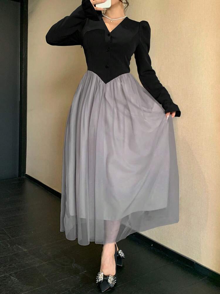 Women's Contrast Color V-Neck Long Sleeve Button Half Placket Mesh Hem Elegant Mid-Length Dress