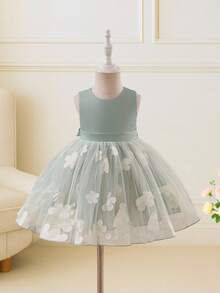 Glamorique Kids 圣诞女婴连衣裙、派对礼服、圣诞老人连衣裙、新年连衣裙、女婴生日连衣裙、婚礼礼服、秋季女婴服装、圣诞儿童舞蹈连衣裙、女婴公主裙、花童生日派对婚礼节日连衣裙、缎面质感面料连衣裙、无袖浅绿色下摆、立体花卉网纱雪纺连衣裙、中东、欧美风格、后背系带祝福蝴蝶结 - 綠色 - 查看 7