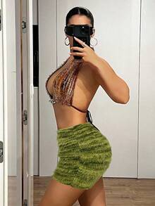 SHEIN ICON Minifalda sexy de Body ceñido estilo vintage de sirena americana - Verde - Ver 4