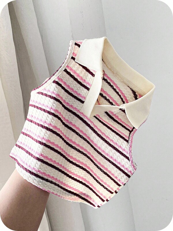 SHEIN Süßes, vielseitiges gestricktes gestreiftes ärmelloses Polohemd für Mädchen im Sommer