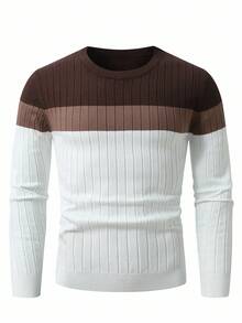 Calvornis Men's Contrast Color Crew Neck Long Sleeve Sweater, Casual Everyday Wear, Fall Winter - Multicolor - View 1