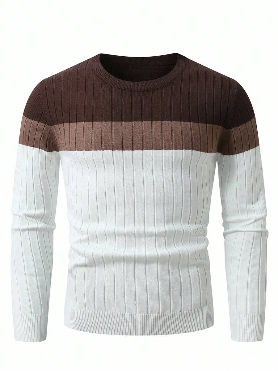Calvornis Men's Contrast Color Crew Neck Long Sleeve Sweater, Casual Everyday Wear, Fall Winter - Multicolor - View 1