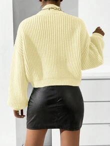 RosyDaze Women's Solid Color High Waist Drop Shoulder Long Lantern Sleeve Loose Casual Pullover Sweater Butter Yellow Sweater Puff Sleeve Sweater Women Sweater Winter Sweater Yellow Sweater